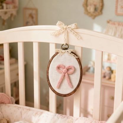 Soulchen Felted Pink Bow Nursery Wall Decor 5 x 6 Inch Cute Coquette Bow Pink Christmas Decor Wall Art Decorative Artwork for Nursery Bathroom Living Room Baby Room Bedroom Farmhouse Decoration