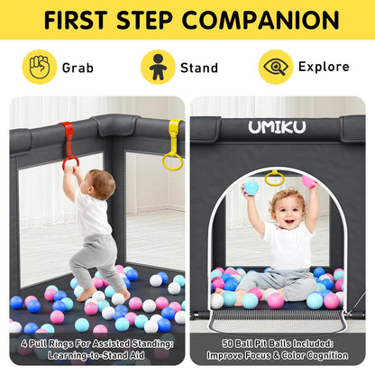 Baby Playpen Foldable Playpen for Babies and Toddlers, Large Playpens Portable Play Pen Play Yard for Kids Fence Indoor Outdoor Travel 4 Handlers 50 Balls Baby Gifts Essentials 50"X50" Dark Grey