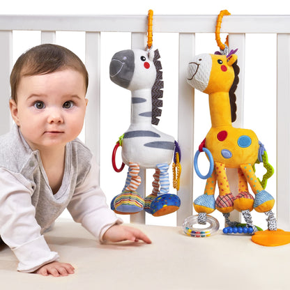 TUMAMA Hanging Toys, 16 inch Plush Animals Baby Rattle, Car Seat Stroller Toys, 2 Pack, Newborn - 12 Months, 2 x Plush Animal Hanging Toys (Giraffe, Zebra), Rings, Built-in Rattles and Crinkles
