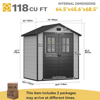 DWVO 6x4.4 FT Outdoor Storage Shed, Plastic Garden Tool Shed with 2 Windows, Double-Wall Outside Shed for Lawn Mower, Garden Tool for Backyard, Patio, Lawn, Lockable, Grey & Black