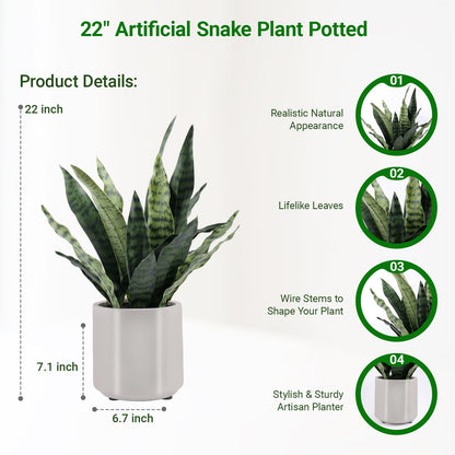 BTHM DSGN Artificial Sansevieria Plant Fake Snake Plant in Plastic Pot, 22" Tall Real Touch Fakes Plants for Home Decor Indoor, Lifelike Succulent Like Plant for Office Bedroom Living Room-Green