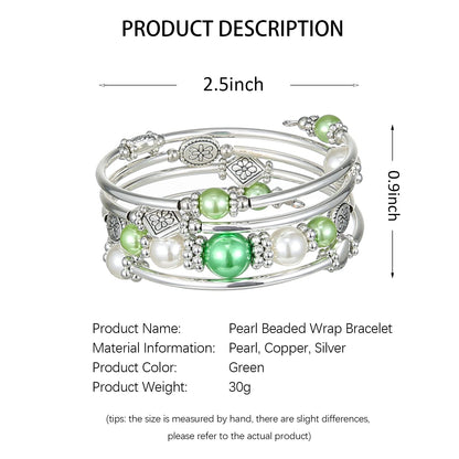 FULU AUTUMN Beaded Pearl Bangle Bracelets for Women Silver Wrap Bangles Bracelet Womens Costume Jewelry Fashion Gift(18-Green)