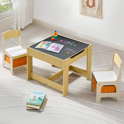 CuFun Kids Table and Chairs Set, 4 in 1 Wooden Kids Table with Reversible Tabletop, Children Activity Table with Removable Tabletop Storage, Toddler Table and Chair Set for Home, Nursery, Playroom