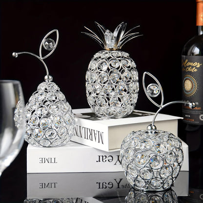 kehail Set of 3 Crystal Metal Pineapple Pear Table Centerpiece Handmade Crystal Candlestick Hollow Fruit Ornament Home Party Wedding Holiday Bar Decoration (Silver, Set of 3)