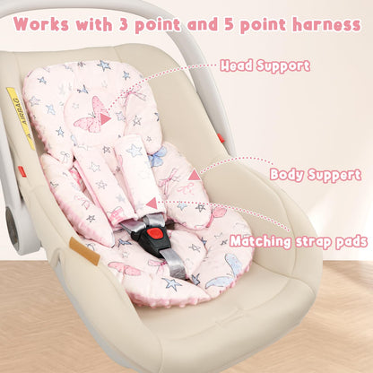 GFU Infant Car Seat Insert Head and Body Support, Reversible Newborn Insert for Carseat with Strap Pads, Soft Stroller Cushion Pillow Insert for Boys and Girls, Fits for Stroller, Swing，Pink