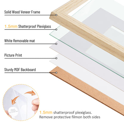 TONES FRAME DESIGN 11x14 Picture Frame with Mat to 8x10 Natural Wood Solid Veneer 11x14 Frame Set of 2 with Shatterproof Plexiglass, Wooden 11 x 14 Picture Frames for Poster Gallery Wall Home Decor, 2 Pack