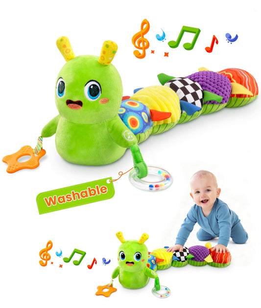 gogonova Baby Musical Caterpillar Toy 0-12 Months, Washable Teething Rattle with 10 Kids Songs, Infant Tummy Time Toy for Newborn Boys Girls (Green)