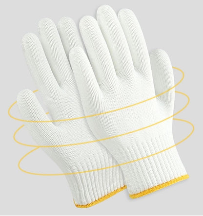 Safety Work Gloves 12 Pairs Polyester Knitted Gloves for Garage Warehouse Painter Mechanic Industrial Gardening Construction (White / Yellow Border)