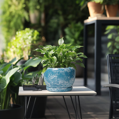 SQOWL Ceramic Pots for Plants - 8 Inch Ceramic Planter for Indoor Outdoor, Decorative Flower Pot with Drainage Hole and Saucer, Round Planter, Home Living Room Bathroom Decor, Plant Lover Gifts, Blue