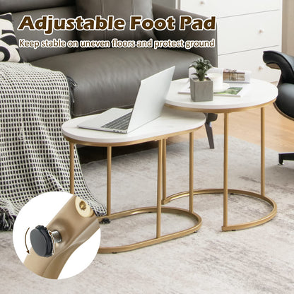 Giantex Modern Nesting Coffee Table Set of 2, Coffee Table & End Table Sets, Golden Steel Frame, Easy Assembly, Accent Marble-Look Stacking Side Table for Living Room Bedroom Apartment (Gold)