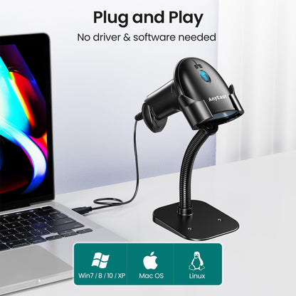 2D 1D Barcode Scanner : USB Wired Inventory QR Scanner with Stand for Computer POS MAC with Automatic Scanning, Handheld CMOS Image Bar Code Reader for Warehouse Library Supermarket