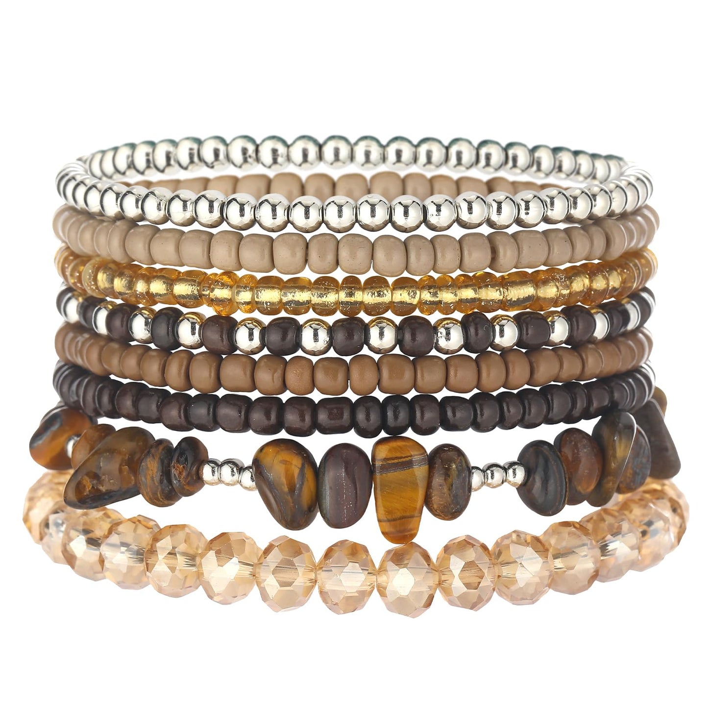 Noessla Boho Beaded Bracelets for Women Stackable Irregular Natural Stone Bead Stretch Bracelet Set 8PCS Costume Jewelry Gifts for Her(Brown)