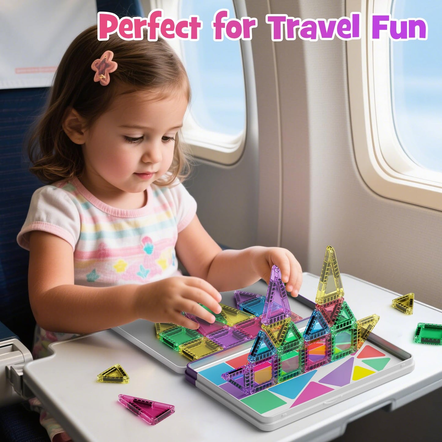 WMXDU Mini Magnetic Tiles, 40PCS Magnetic Building Blocks with Iron Box, Magnet Toys Travel Size On-The-Go Construction Set STEM Travel Toys for Boys and Girls Ages 3+