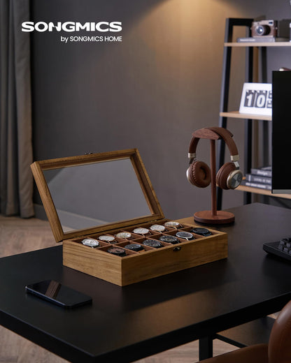 SONGMICS 12-Slot Watch Box, Watch Display Case with Large Glass Lid, Removable Watch Pillows, Velvet Lining, Gift Idea, Rustic Walnut UJOW120K01
