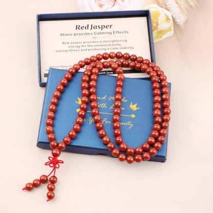 AD Beads 8mm 108 Prayer Mala Red Jasper Elastic Bracelet - Stone Provides Calming Effects - Handmade Yoga Meditation Healing Power Energy Gifts for Unisex Adult.