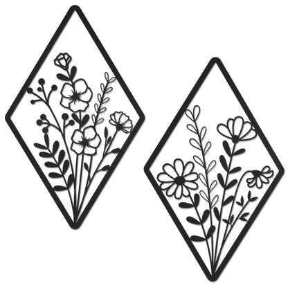PullCrease 2 Pcs Metal Wall Art, Metal Flower Wall Decor, Modern Floral Art for Living Room, Bedroom, Bathroom, Rustic Farmhouse Decor, Sculpture Kitchen Decoration (Black)