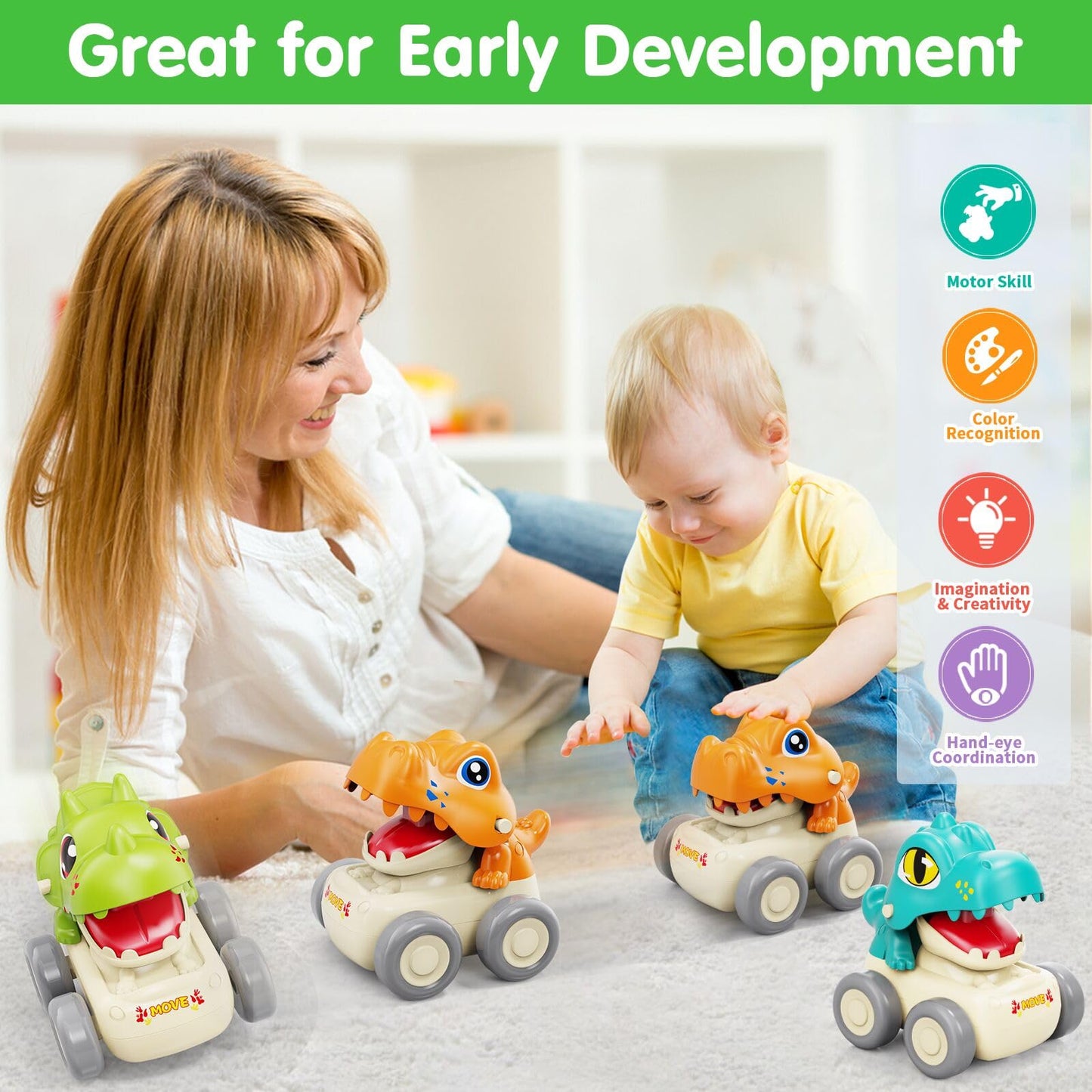 MOONTOY Baby Car Dinosaur Toys for 1 2 Year Old Boy Press and Go Cars for Toddlers 1-3, Push Go Dino Cars Toddler Toys Age 1-2 0-2 Baby Toys 12-18 Months Easter Basket Stuffers 1st Birthday Gifts