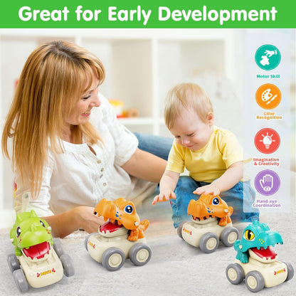 MOONTOY Baby Car Dinosaur Toys for 1 2 Year Old Boy Press and Go Cars for Toddlers 1-3, Push Go Dino Cars Toddler Toys Age 1-2 0-2 Baby Toys 12-18 Months Easter Basket Stuffers 1st Birthday Gifts