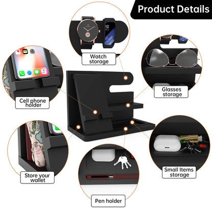 Iswabard Gifts for Men Wood Phone Docking Station Birthday Gift for Men Valentines Day Gifts Father Gift for Him Boyfriend Nightstand Organizer Desktop Phone Stand Black