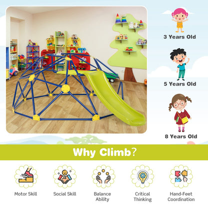 Costzon Climbing Dome with Slide for Kids, 8FT Kids Jungle Gym Monkey Bar Climbing Toys for Outdoor, 2 in 1 Indoor Geometric Dome Climber Playground Set for 3-8 Boys Girls Toddlers Backyard Gifts