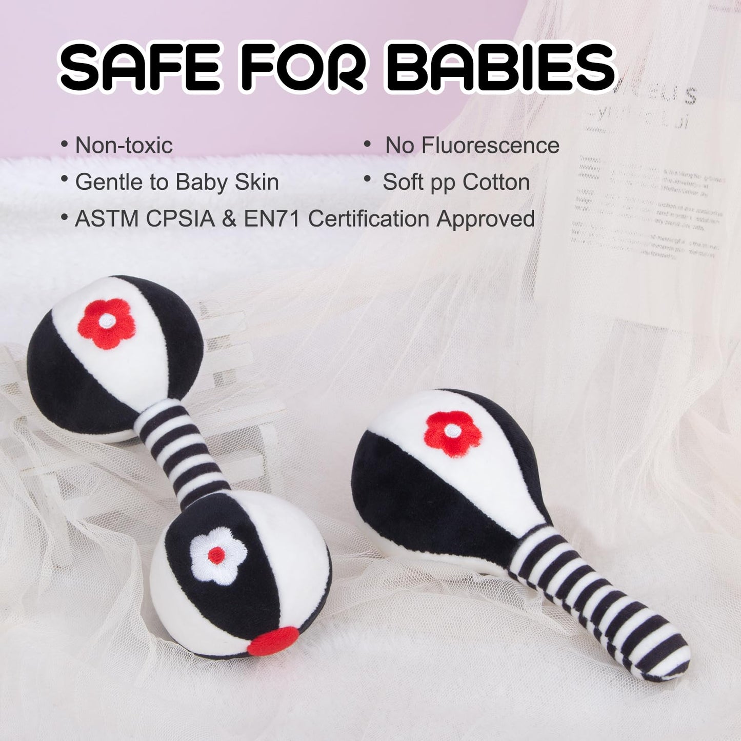 JINBOBUBU Soft Baby Rattles 0-6 Months - 2 Pack Infant Developmental Toys with Black & White Contrast | Sensory Newborn Toys for Girls & Boys | Set (BPA Free)