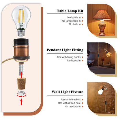Bottle Lamp Kits, 2 Pack Bronze Bottle Lamp Adaptor Kit, Lamp Kits Do it Yourself, E27 Ceramic Lamp Holder with 95 in Plug and Switch, Brass Table Lamp Kit, Lamp Making kit, with 3 Sizes of Stoppers