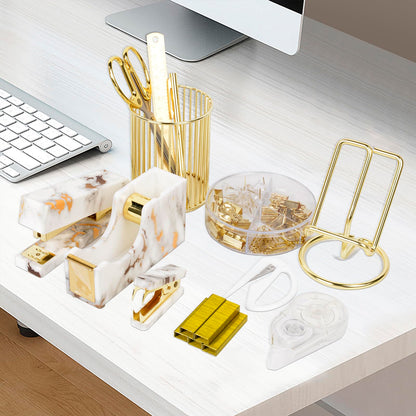 Office Desk Accessories Supplies - 13 Pcs Women Gold Marble Desk Decor Set, Cute Aesthetic Office Essentials Kit, Stapler Tape Dispenser Pen Organizer, Acrylic Mini Teacher Stuff for School Home Work