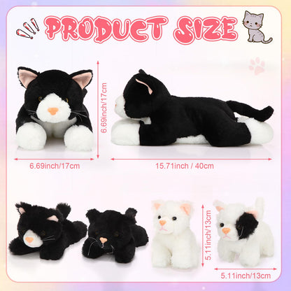 Skylety 5 Pieces Cat Stuffed Animal with Babies Inside Belly Plush Cat Pregnant Mommy Kitty with 4 Cute Fluffy Stuffed Kittens Christmas Birthday Surprise Gifts(Black, White)