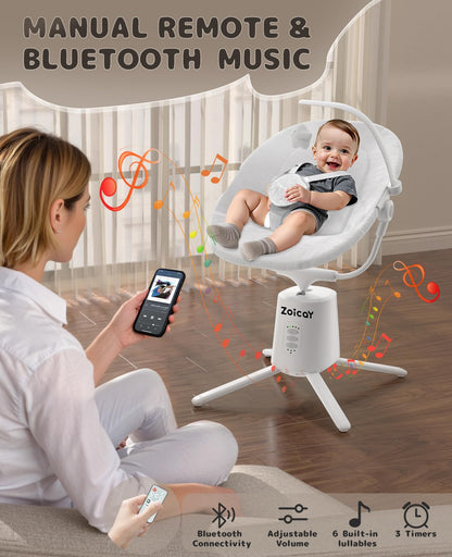 Zoicay Baby Swing,Baby Swings for Infants with 3 Modes & 5 Speeds, BT Enabled App & Remote Control, Electric Swing – 6 Lullabies and 3 Timer Setting, 2 Seat Positions and 5-Point Harness Swing (White)