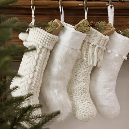Personalized Christmas Stockings: 4 Pcs 18 Inch White Farmhouse Plush Faux Fur & Cable Knitted Fireplace Xmas Stockings, Rustic Personalized Stocking Hanging Gifts Decorations for Family Holiday Decor