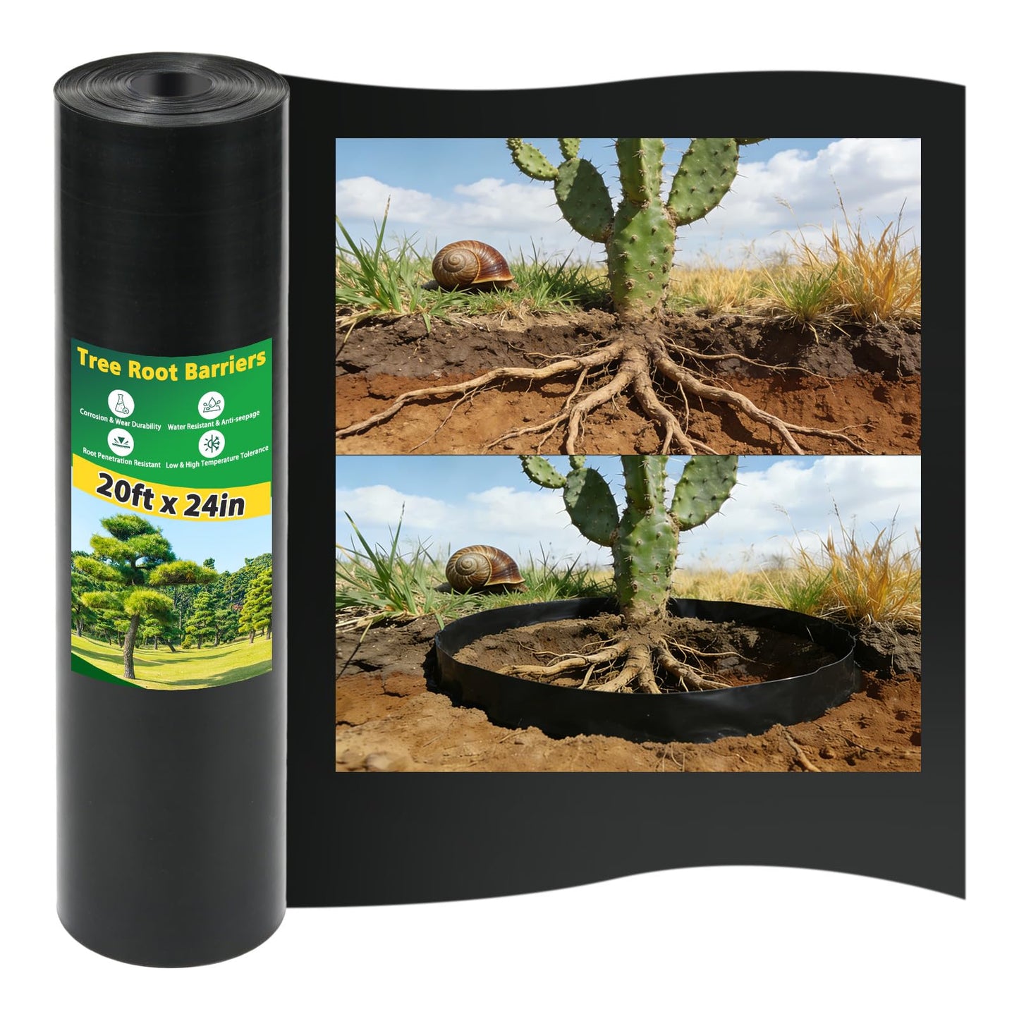 West Bay 20ft x 24in x 60mil Tree Root Barrier, Heavy-Duty Bamboo Root Barrier Weed Blocker for Landscape Tree Ring Edging Garden Borders Driveway and Sidewalk Protection Roads