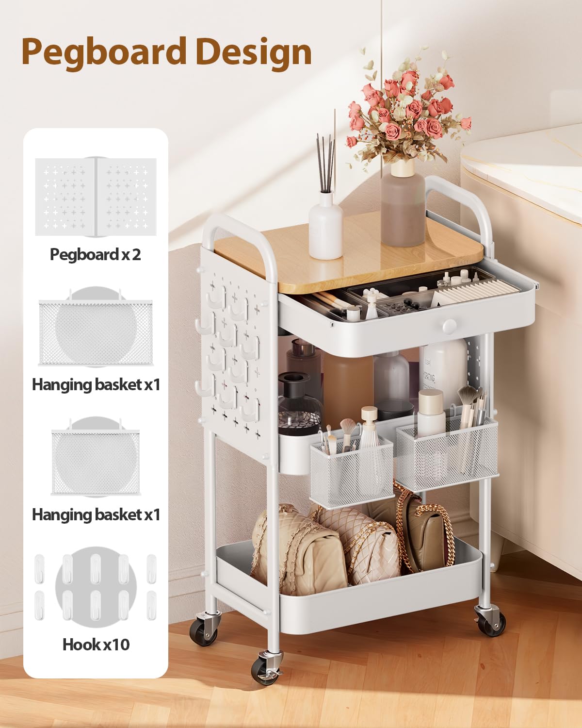 ALVOROG Rolling Cart with Drawer and Wood Table Top, 3 Tier Metal Rolling Utility Cart on Wheels with DIY Pegboards, Hanging Baskets, Hooks for Kitchen, Bedroom, Office, Craft Supplies