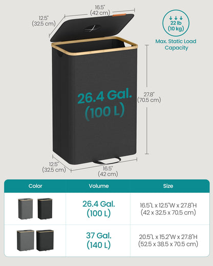SONGMICS Recycling Bin for Kitchen 26.4 Gallon. Bottle Recycling Container, Collection Bin, for Metal, Plastic, Paper, Glass, Inner Bag with Handles, Kitchen, Ink Black and Natural Beige URRB509B01