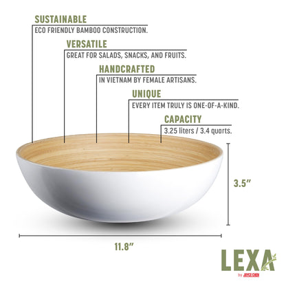 LEXA 12" Handmade Bamboo Salad Bowl – 130 oz Large Wooden Fruit Bowl for Kitchen Counter, White