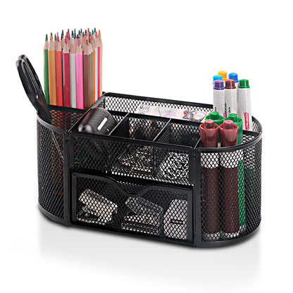 Comix Mesh Pen Pencil Holder Desk Organizer, 8 Compartment and 1 Drawer Wire Desktop Pen Pencil Cup Caddy Office Supplies Accessories for Home Office School, Black