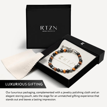 RTZN® Triple Protection Bracelet for Men – Premium Artisan Handcrafted Tigers Eye, Black Obsidian & Hematite Bracelet for Men & Women – 6MM Beaded Spiritual Bracelets – Adjustable 6.5"–8.5" (Chain Fit)