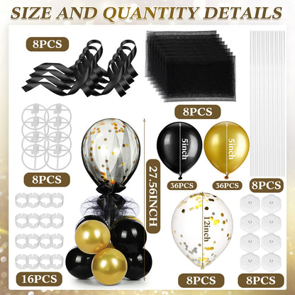 BBTO 8 Set Gold Black Table Centerpieces Balloons Stand Kit, Latex Balloons and Table Stand Holder with Base Tulle for Wedding Birthday Mother's Day Baby Shower Party
