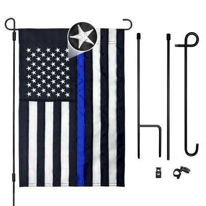 AMZFLAG Thin Blue Line Garden Flag with Stand Holder Set for Outside Yard 12x18 Inch Embroidered Police Garden Flags Small American Back the Blue Lives Matter Flag Law Enforcement