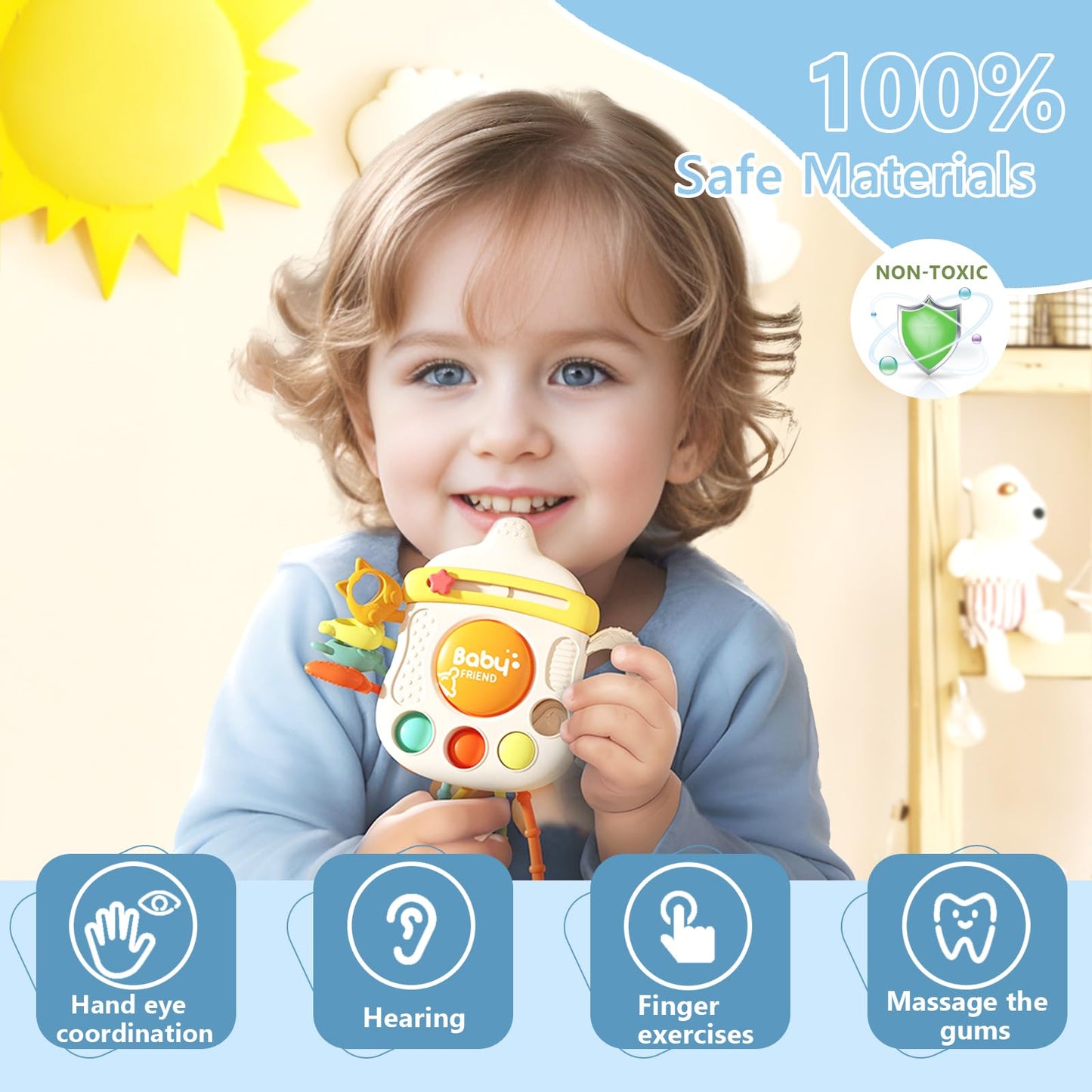 XXEDSPTY Montessori Baby Sensory Toys for 6-12 Months, Silicone Pull String Teething Toy, Infant Fidget Travel Toys, Airplane Travel Essentials, Newborn Baby Christmas & Birthday Gift for Babies
