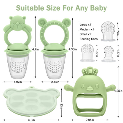 4 Pack Silicone Teething Mitten for Babies with Baby Fruit Food Feeder & Freezer Tray Set, BPA Free Infant Teething Relief Toy for 3 Month+, Additional Silicone Sacs