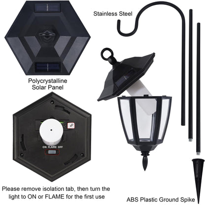 Dynaming 2 Pack Solar Flame Hanging Lights Outdoor, Halloween Solar Flickering Flame LED Garden Lanterns with 2 x 38 Inch Shepherd Hooks, Christmas Lighting for Lawn Patio Yard Pathway Driveway