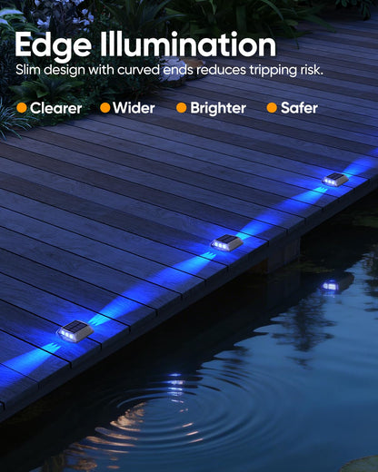 DetarZinLED Solar Driveway Lights Outdoor, 4 Pack IP68 Waterproof Dock Deck Lights Solar Powered, Stick on & Screw Blue Markers Light for Pathway, Walkway, Sidewalk, Patio, Pool Deck, Garage Entrance