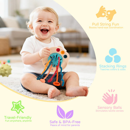 Fyxttalor Montessori Baby Toys for 12M+, UFO Sensory Play Set for Toddlers, Pull String Pull String Toy in Stollers Developmental Toys for Fine Motor Skills Gift for Boys& Girls