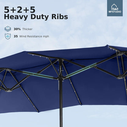MFSTUDIO 15ft Double Sided Patio Umbrella with Solar Lights, Outdoor Large Umbrellas with Crank Handle and 36 LED Lights, Rectangular Market Umbrella with Base Included for Deck Pool Shade, Navy Blue