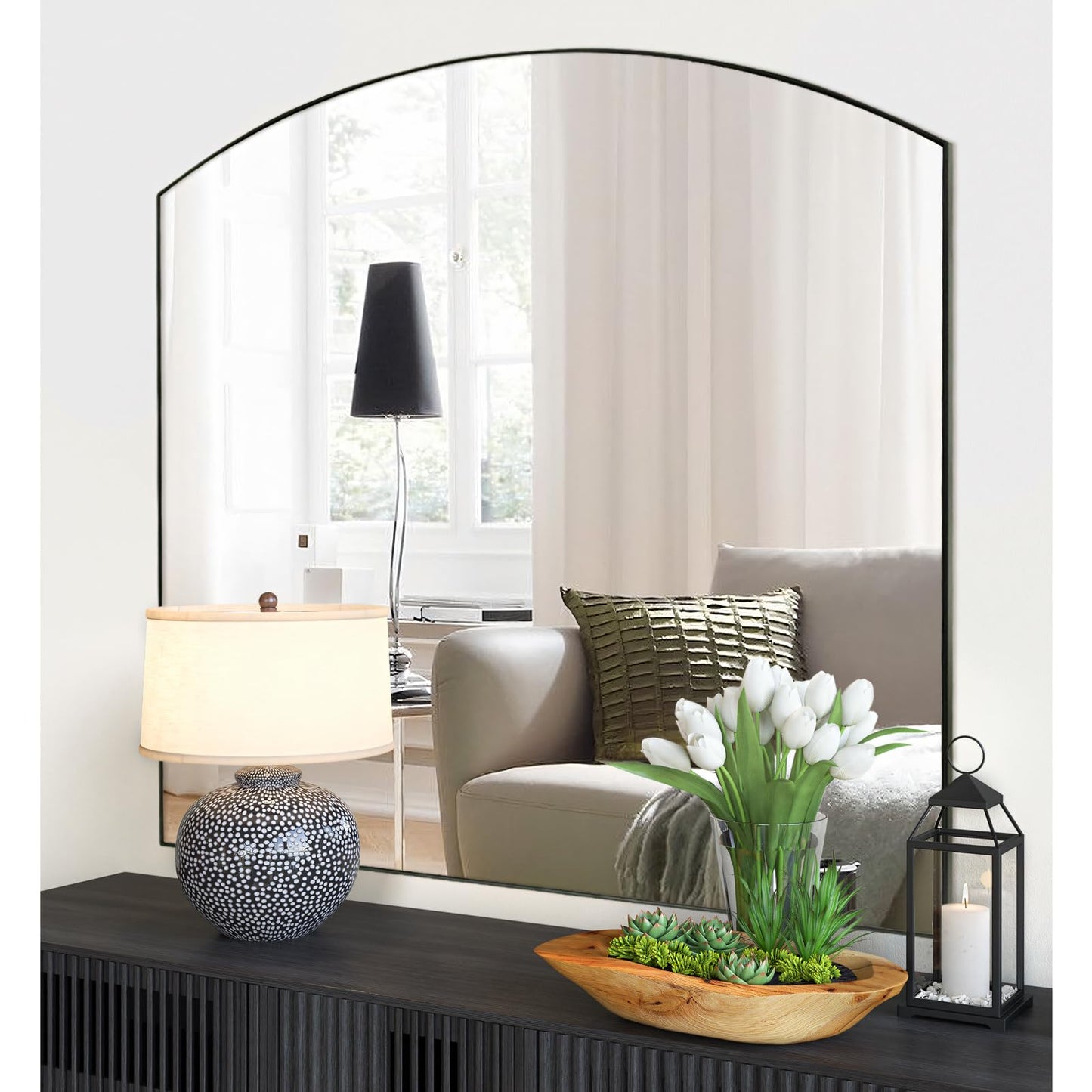 GIFTTROVE Matte Black Arched Window Mirror, 36" Metal Frame Decorative Wall Mirror, Windowpine Mirrors for Living Room, Bedroom, Entryway