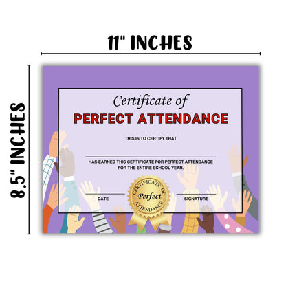 Perfect Attendance Certificate Award | 50 pk 8.5x11” Best Goal Participation Graduation Diploma Elementary Middle School Paper Superlatives