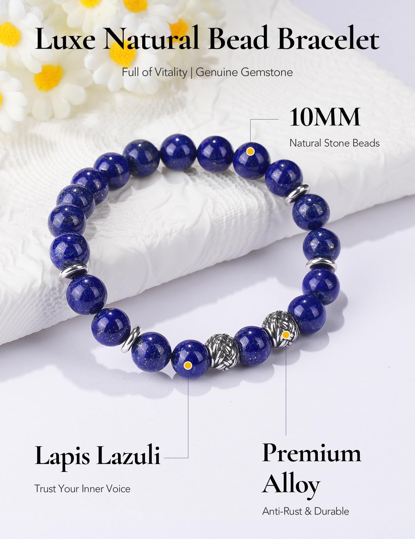King Will Natural Lapis Lazuli Bead Bracelet for Men, 10mm Royal Blue Gemstone Spiritual Healing Bracelet with Braided Metal Accents, Inner Peace Jewelry