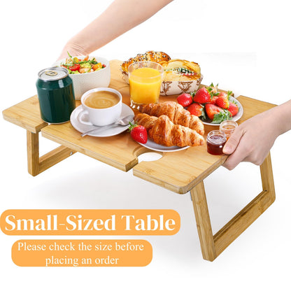 Peohud Portable Wine Picnic Table, Foldable Champagne Picnic Snack Table Tray, Wooden Outdoor Picnic Table with Glass Holder for Park, Beach, Camping, Bed, Wine Lover Gift