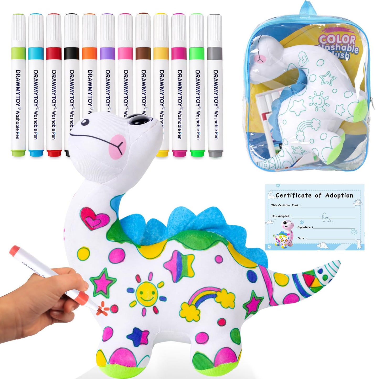 DRAWMYTOY DIY Coloring Plush Toy with Washable Markers, Scribble Pets Stuffed Animal, Doodle Dolls Art Toy for Boys and Girls Ages 3-8, Birthday Gift (Dinosaur)