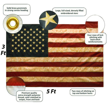 ANLEY Vintage Style Tea Stained American Flag 3x5 Foot - Embroidered Stars and Sewn Stripes - 4 Rows of Lock Stitching - Antiqued US National Banner Flags with Brass Grommets 3 X 5 Ft